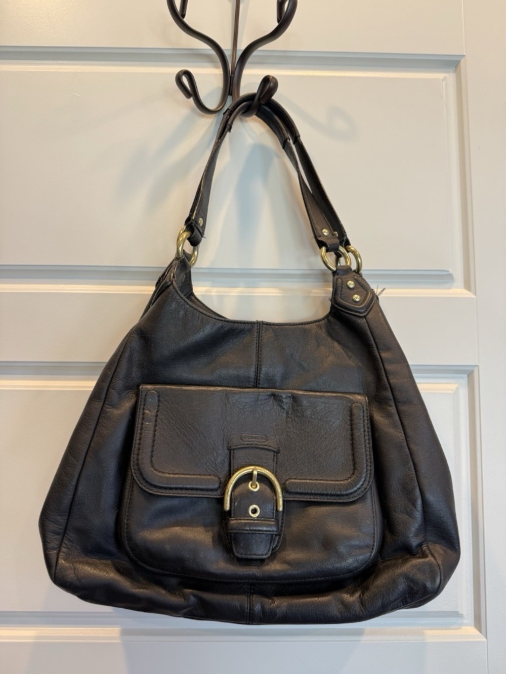 COACH Campbell F24686 Black Leather Large Hobo Shoulder Bag Chunky Brass Buckle